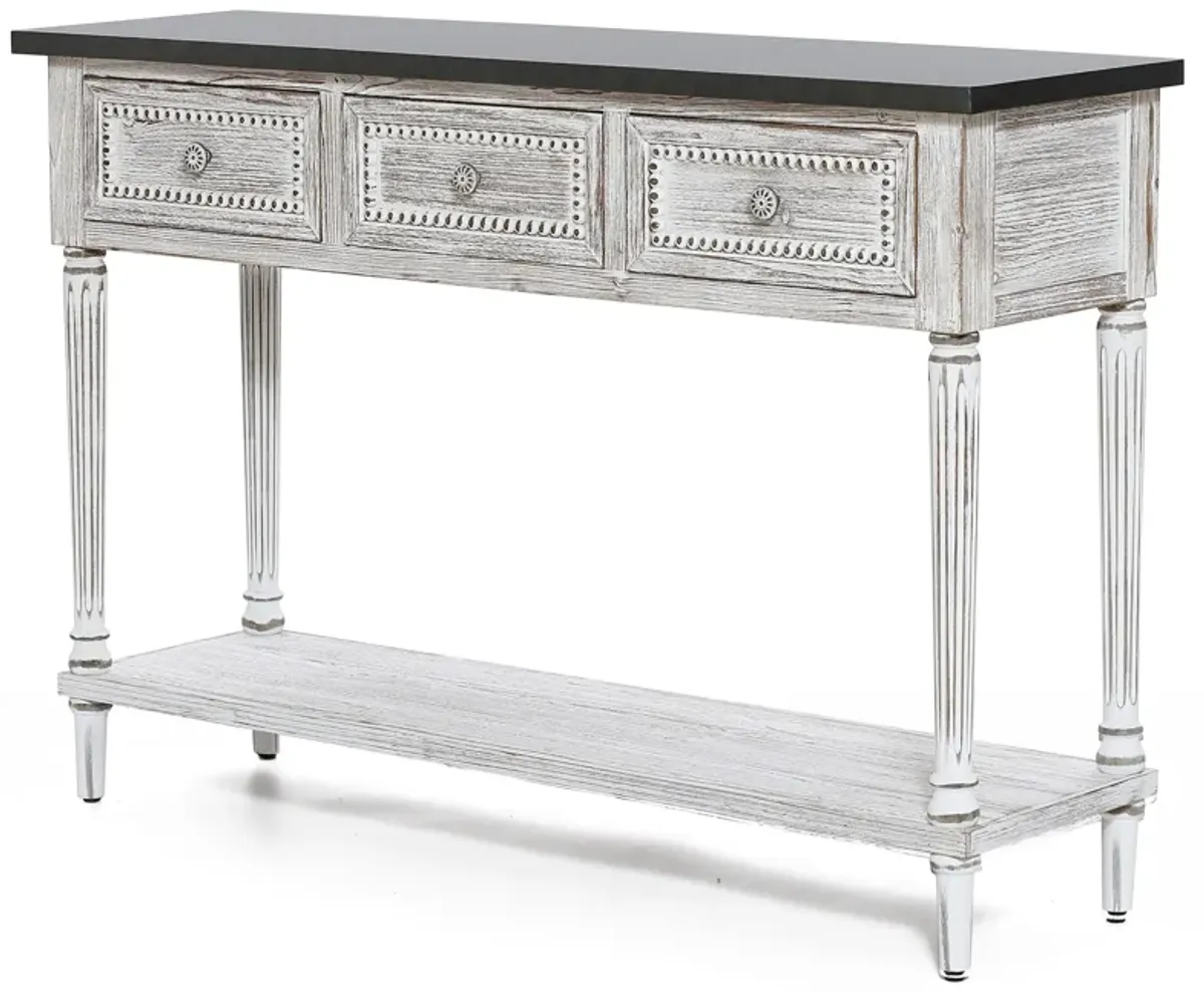 LuxenHome Distressed White Wood and Metal 3-Drawer 1-Shelf Console and Entry Table