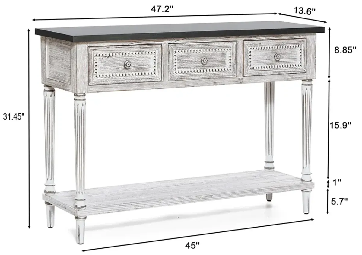 LuxenHome Distressed White Wood and Metal 3-Drawer 1-Shelf Console and Entry Table