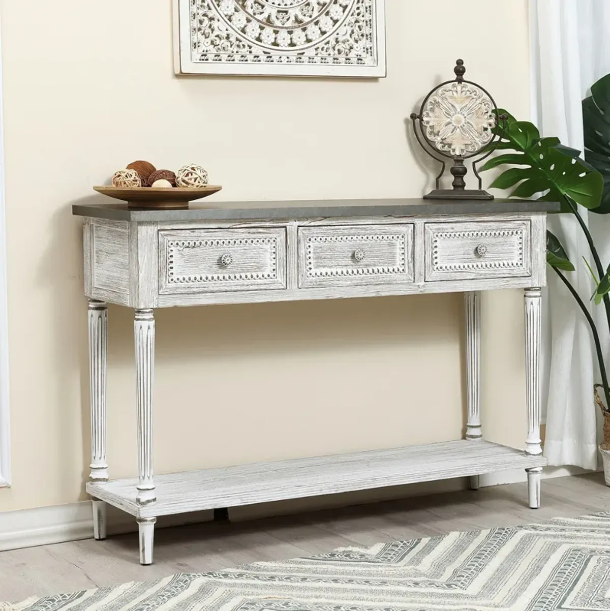 LuxenHome Distressed White Wood and Metal 3-Drawer 1-Shelf Console and Entry Table