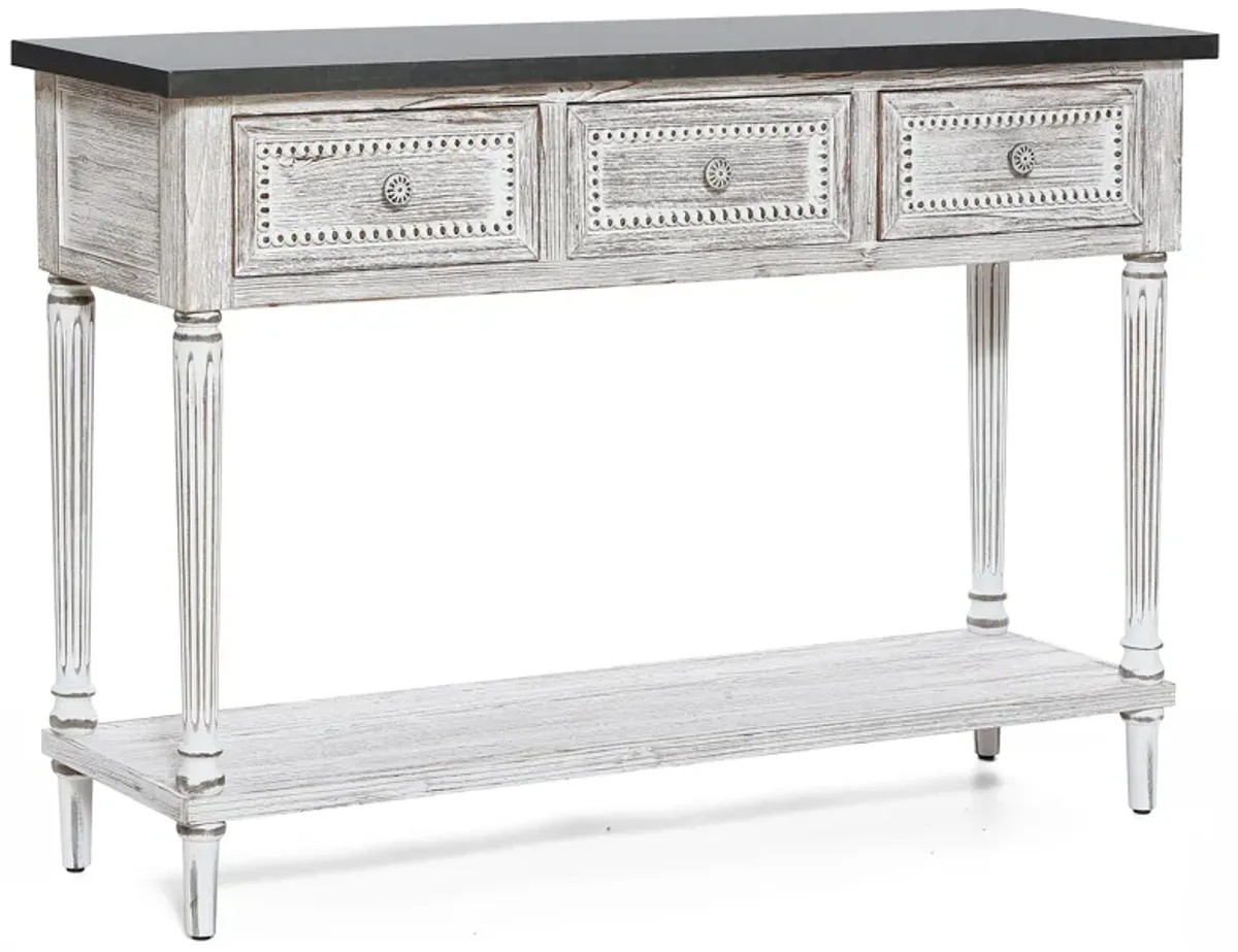 LuxenHome Distressed White Wood and Metal 3-Drawer 1-Shelf Console and Entry Table