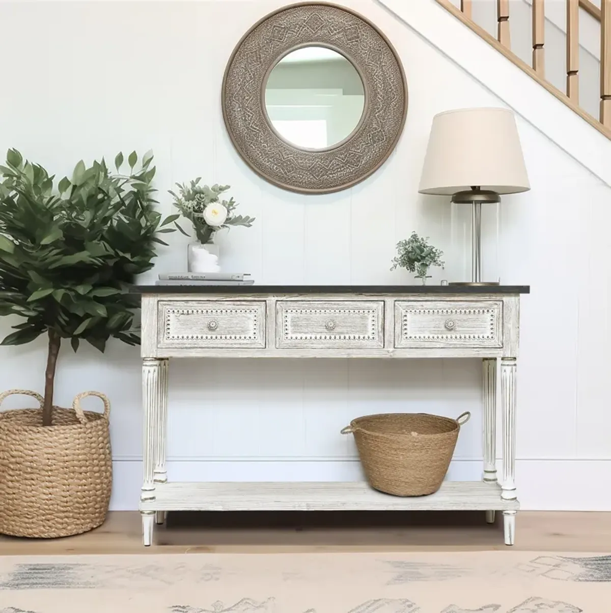 LuxenHome Distressed White Wood and Metal 3-Drawer 1-Shelf Console and Entry Table