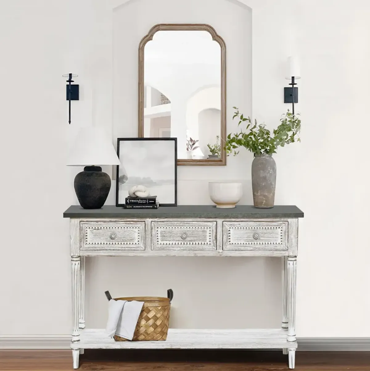 LuxenHome Distressed White Wood and Metal 3-Drawer 1-Shelf Console and Entry Table