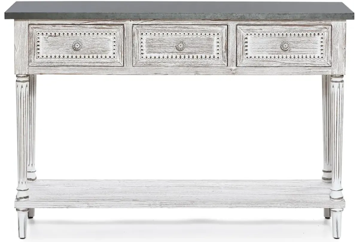 LuxenHome Distressed White Wood and Metal 3-Drawer 1-Shelf Console and Entry Table