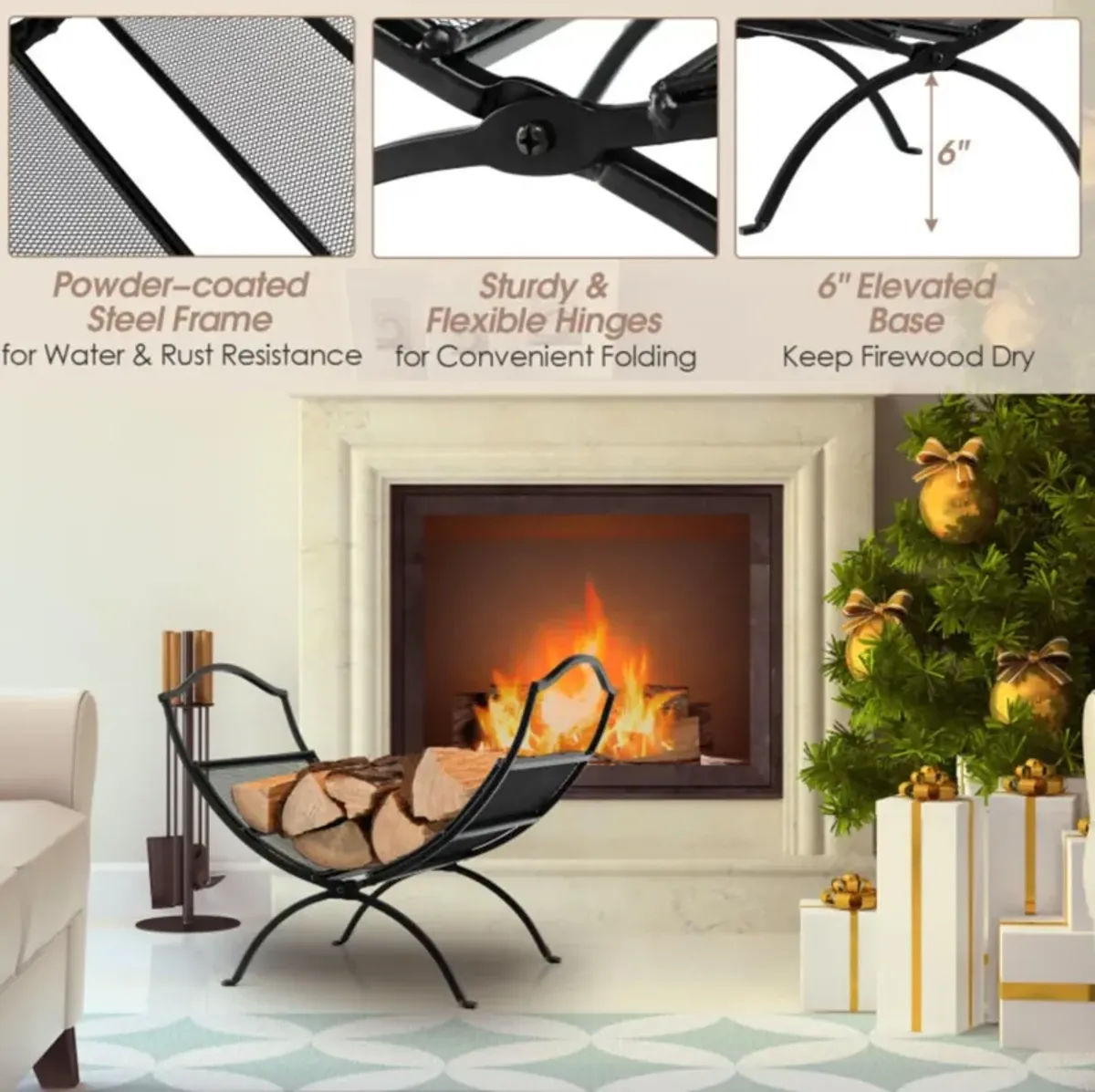 Hivvago 19 Inch Folding Fireplace Log Rack with Convenient Handle