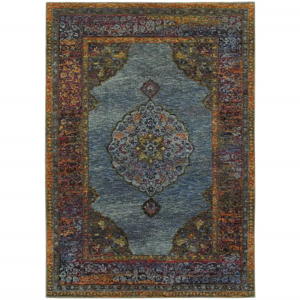 8 X 10 Blue gold green Red Orange And Purple Oriental Power Loom Stain Resistant Area Rug