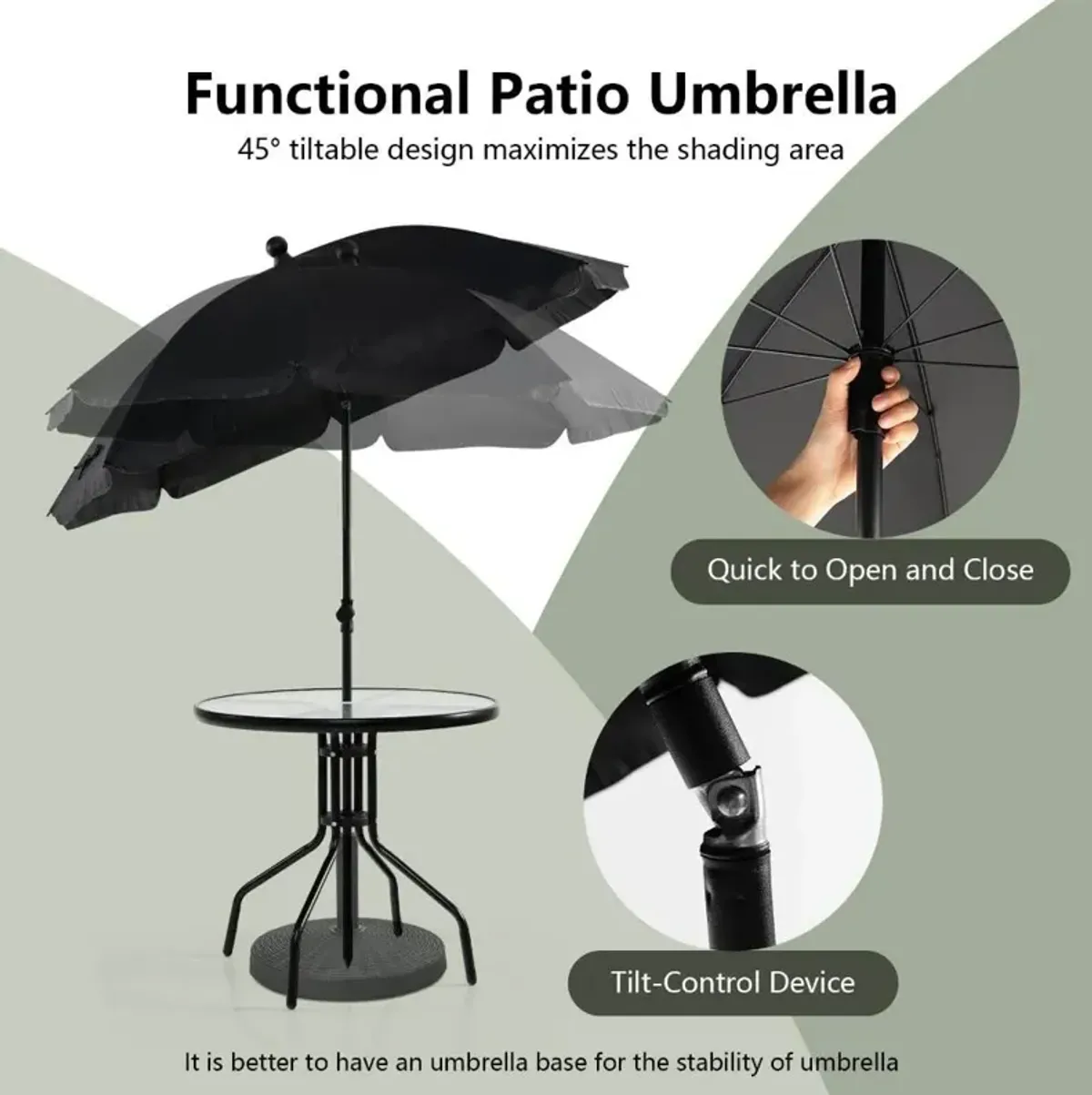 6 Pieces Patio Dining Set Folding Chairs Glass Table Tilt Umbrella for Garden-Gray