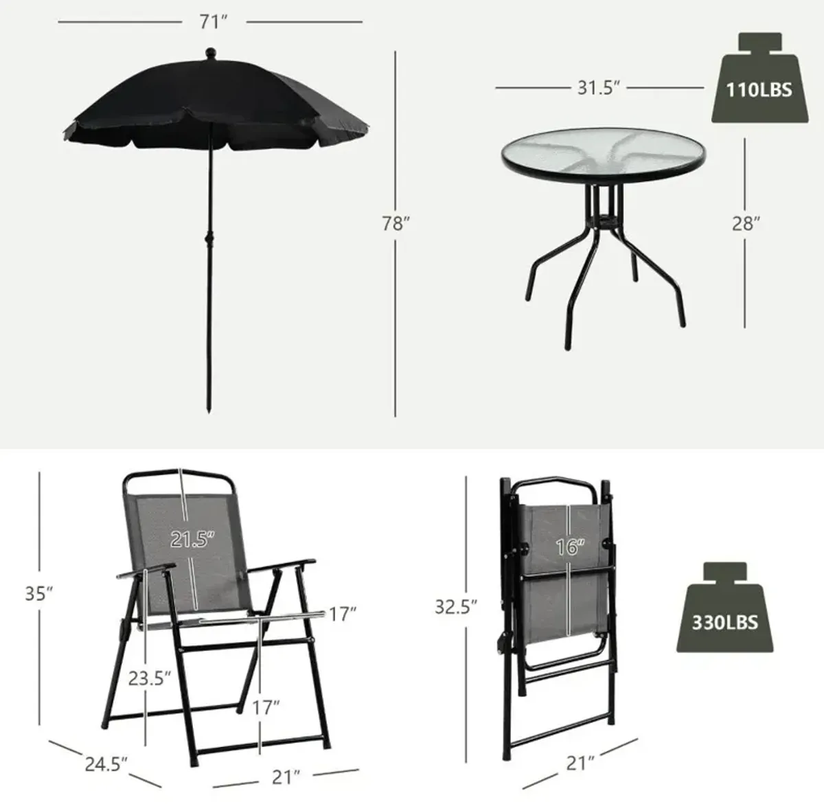 6 Pieces Patio Dining Set Folding Chairs Glass Table Tilt Umbrella for Garden-Gray