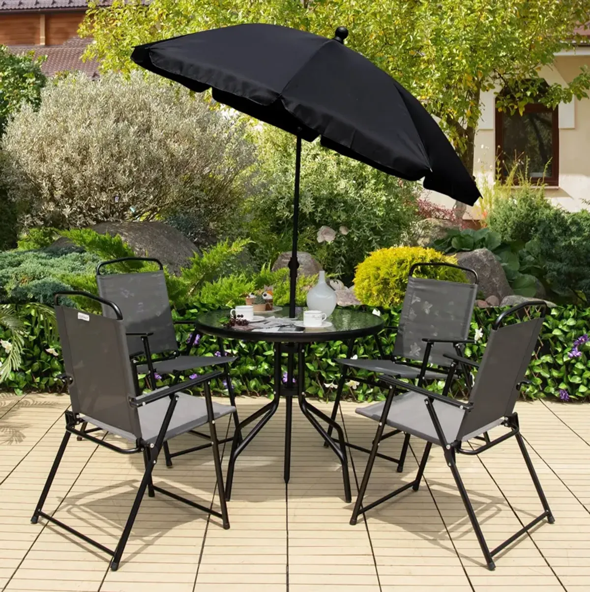 6 Pieces Patio Dining Set Folding Chairs Glass Table Tilt Umbrella for Garden-Gray