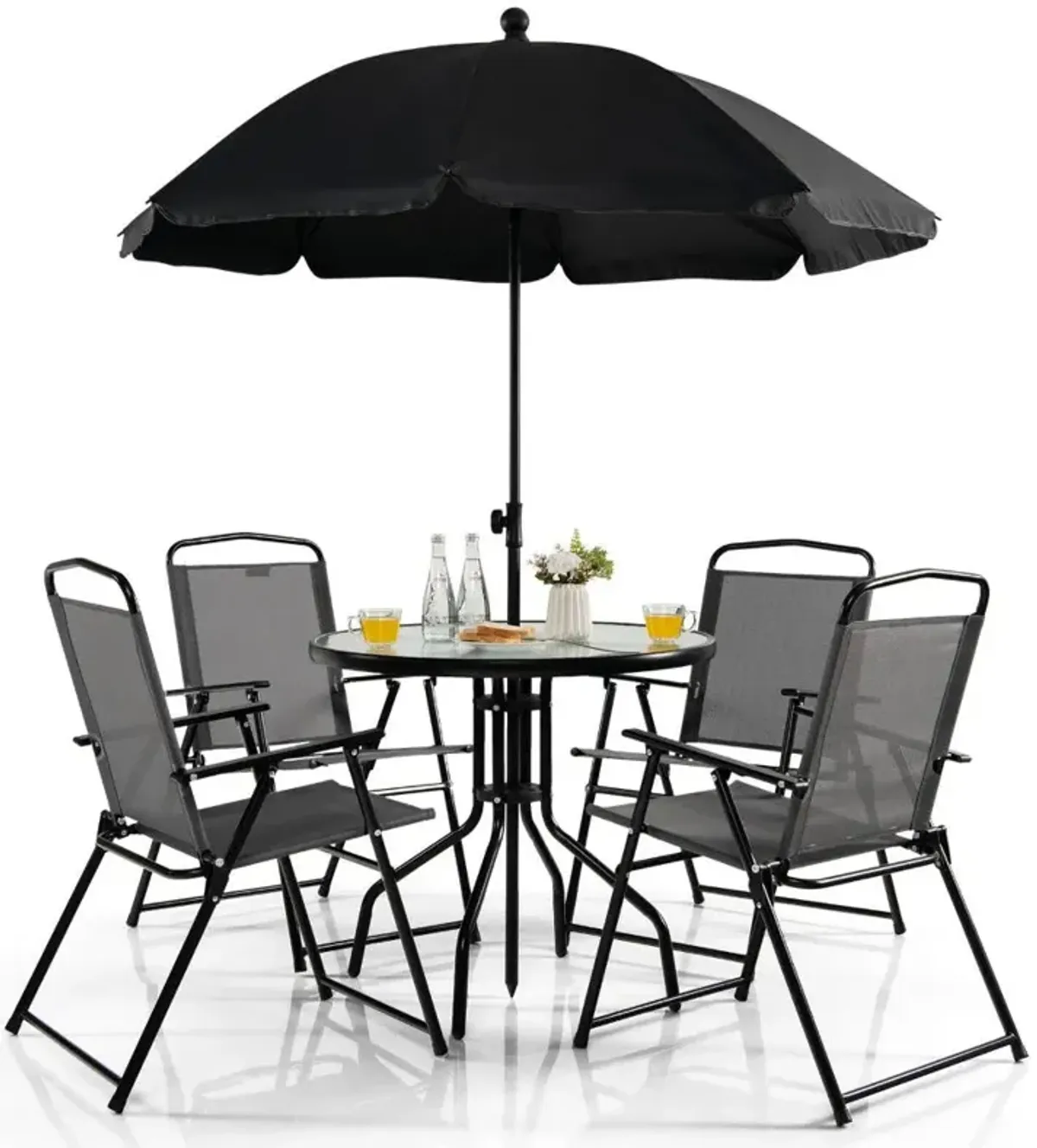 6 Pieces Patio Dining Set Folding Chairs Glass Table Tilt Umbrella for Garden-Gray