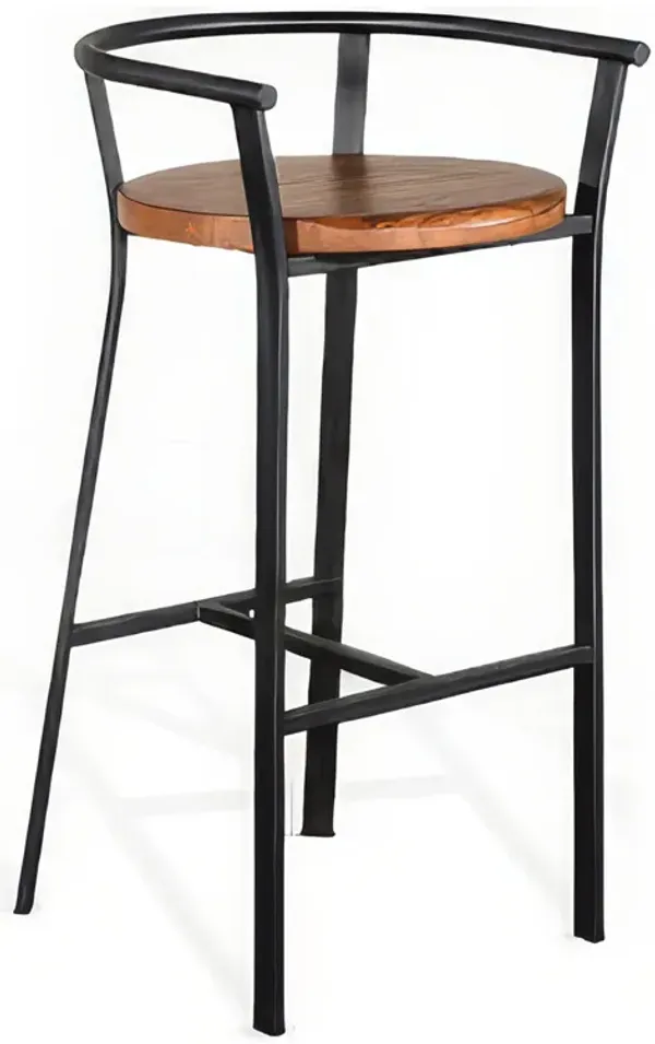 Flint Barstool Chair Set of 2, Round Seat, Dark Brown Mahogany, Black - Benzara