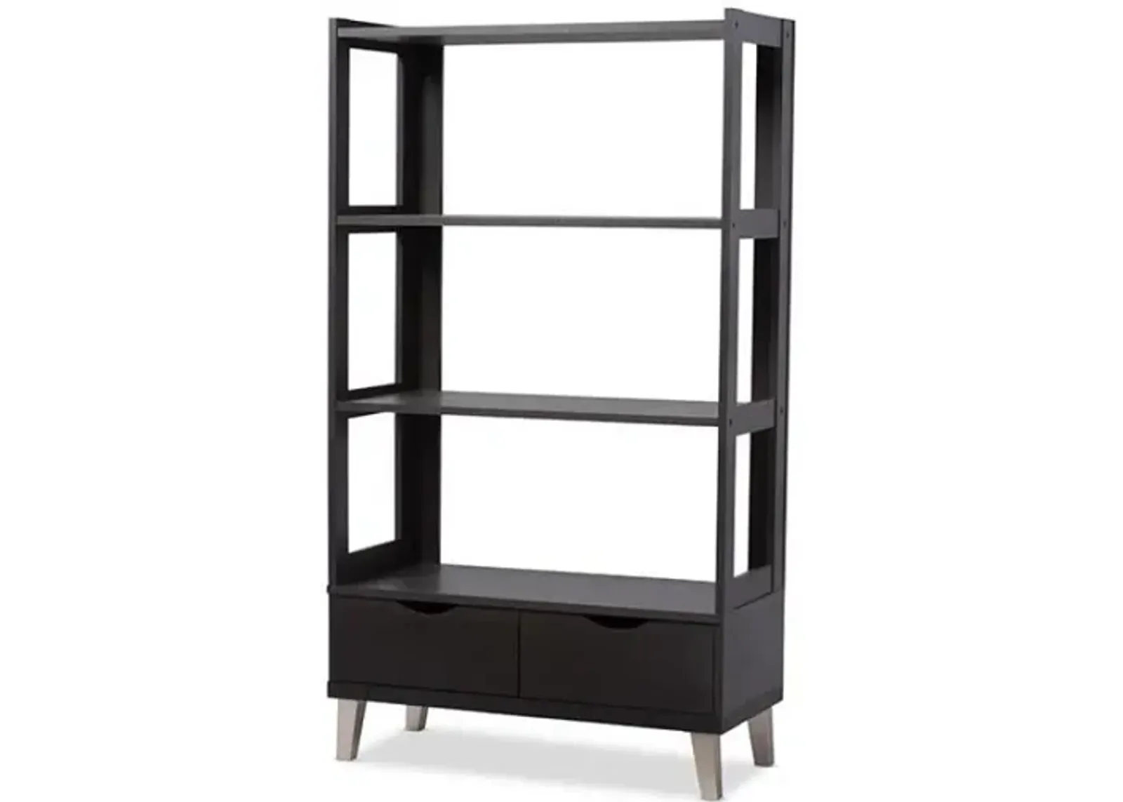 Dark Brown Wood Leaning Bookcase with Display Shelves and Two Drawers