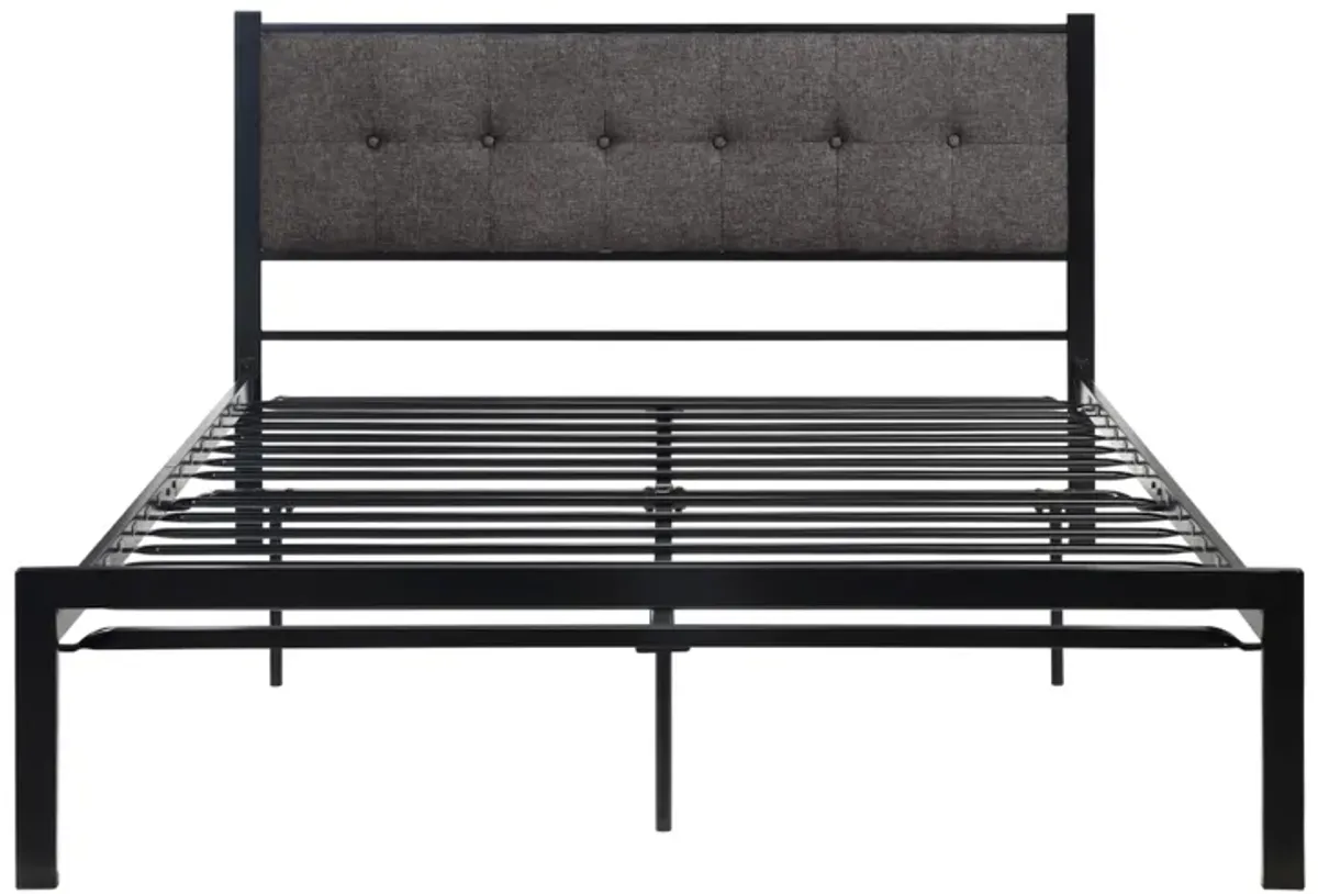 Sam Queen Platform Bed, Polyester Upholstered Tufted Headboard, Black Metal - Benzara