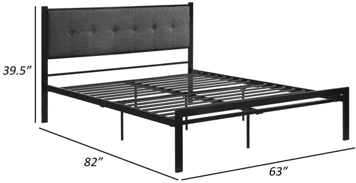 Sam Queen Platform Bed, Polyester Upholstered Tufted Headboard, Black Metal - Benzara