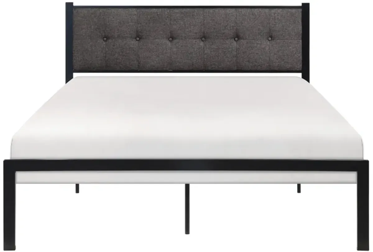 Sam Queen Platform Bed, Polyester Upholstered Tufted Headboard, Black Metal - Benzara