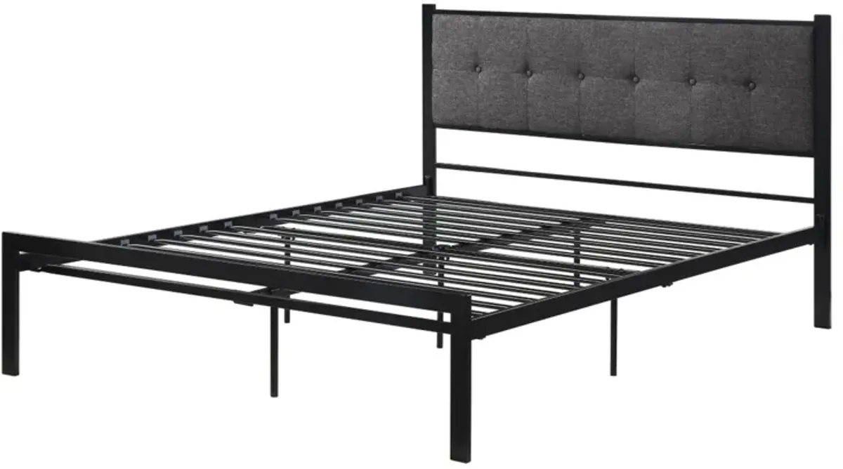 Sam Queen Platform Bed, Polyester Upholstered Tufted Headboard, Black Metal - Benzara