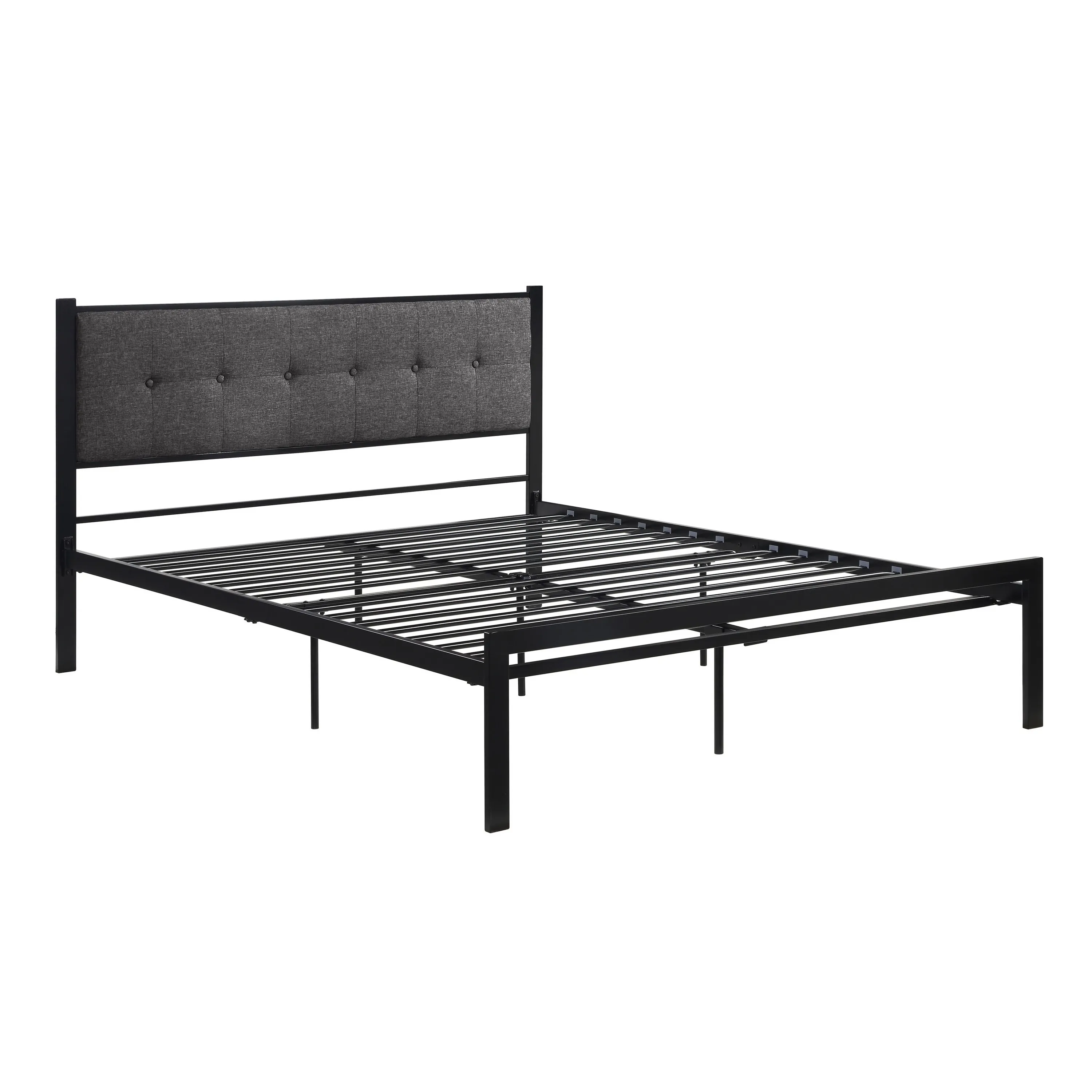 Sam Queen Platform Bed, Polyester Upholstered Tufted Headboard, Black Metal - Benzara