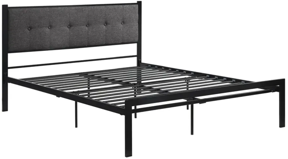 Sam Queen Platform Bed, Polyester Upholstered Tufted Headboard, Black Metal - Benzara