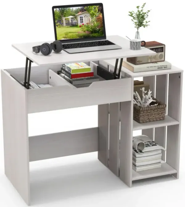Hivvago Lift Top Modern Computer Desk with 2 Hidden Compartments and 2 Open Storage Shelves