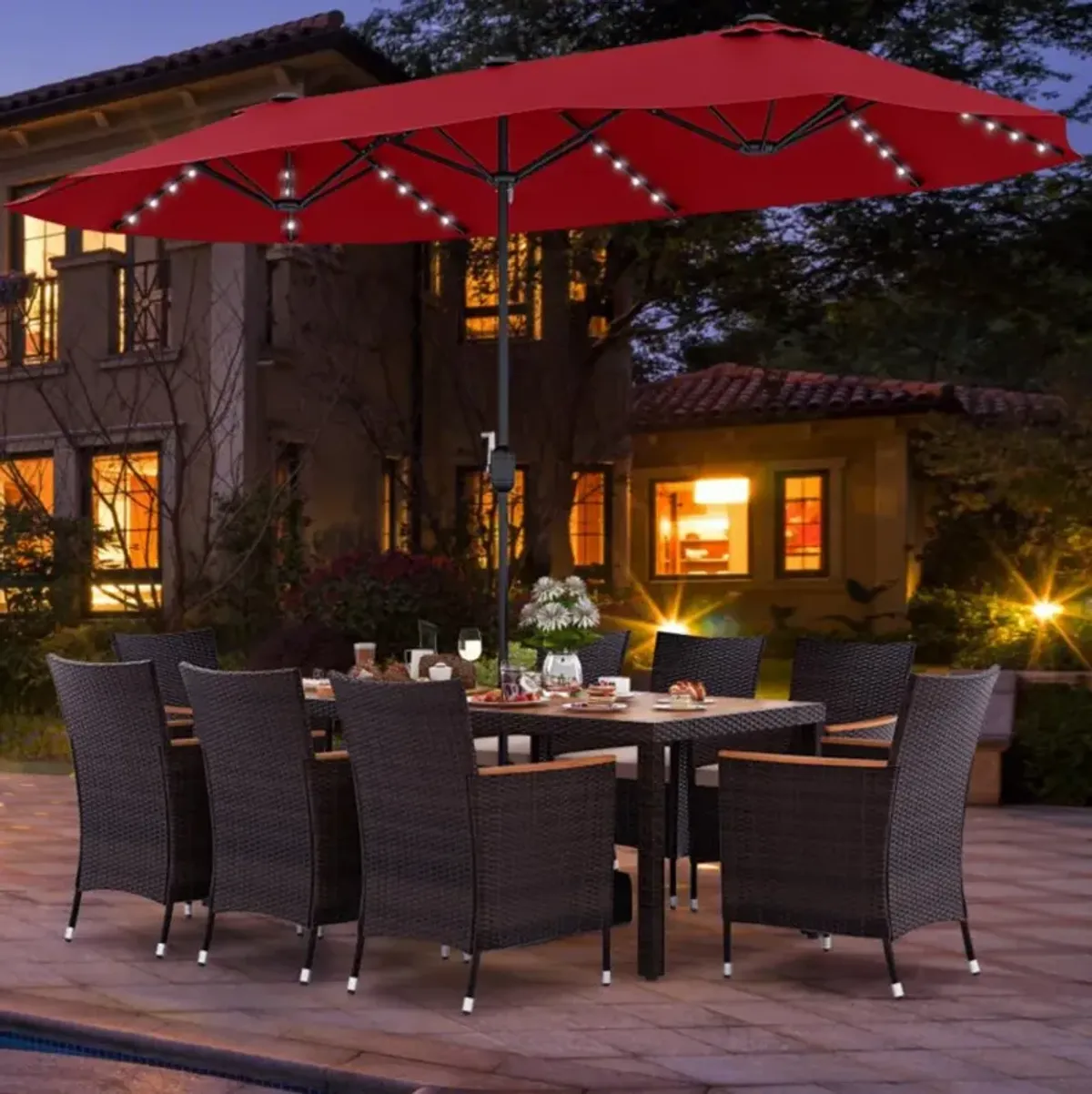 Hivvago 11 Pieces Patio Dining Set with 15 Feet Double-Sided Patio Umbrella and Base