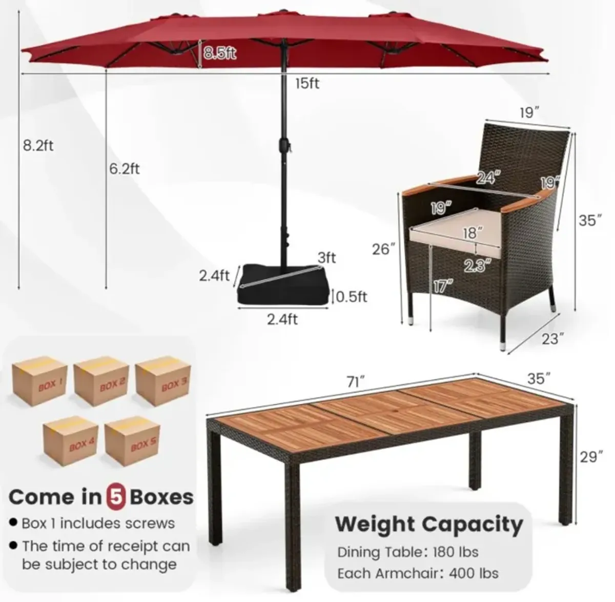 Hivvago 11 Pieces Patio Dining Set with 15 Feet Double-Sided Patio Umbrella and Base