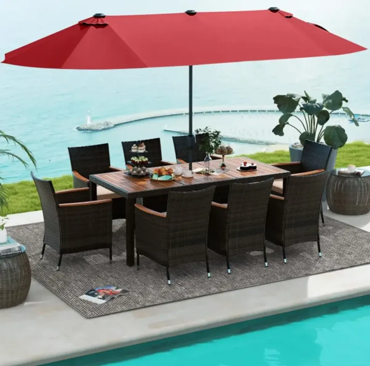 Hivvago 11 Pieces Patio Dining Set with 15 Feet Double-Sided Patio Umbrella and Base