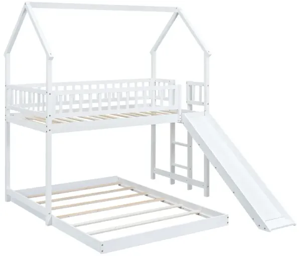 Whisen House Roof Design Twin over Full House Bunk Bed with Slide and Built-in Ladder