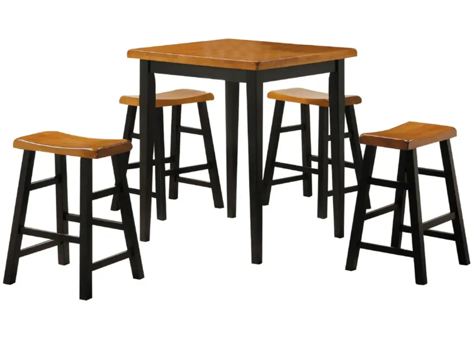 Gael Counter Height Square Dining Table Set, 4 Stools, Wood, Oak, Black-Benzara