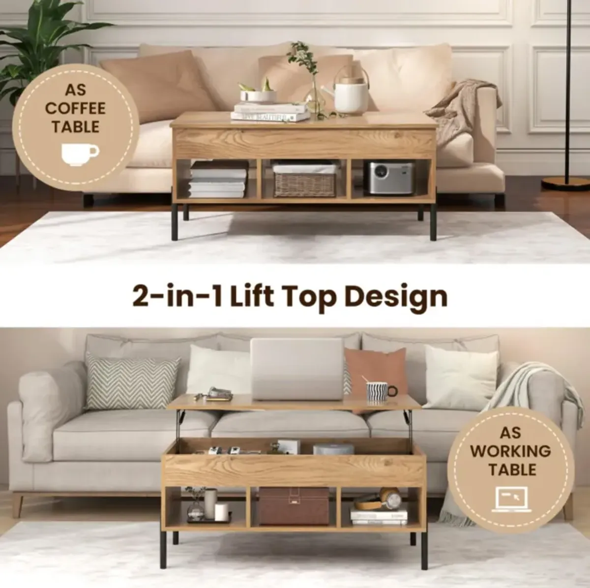 Hivvago Living Room Central Table with Lifting Tabletop and Metal Legs-Natural