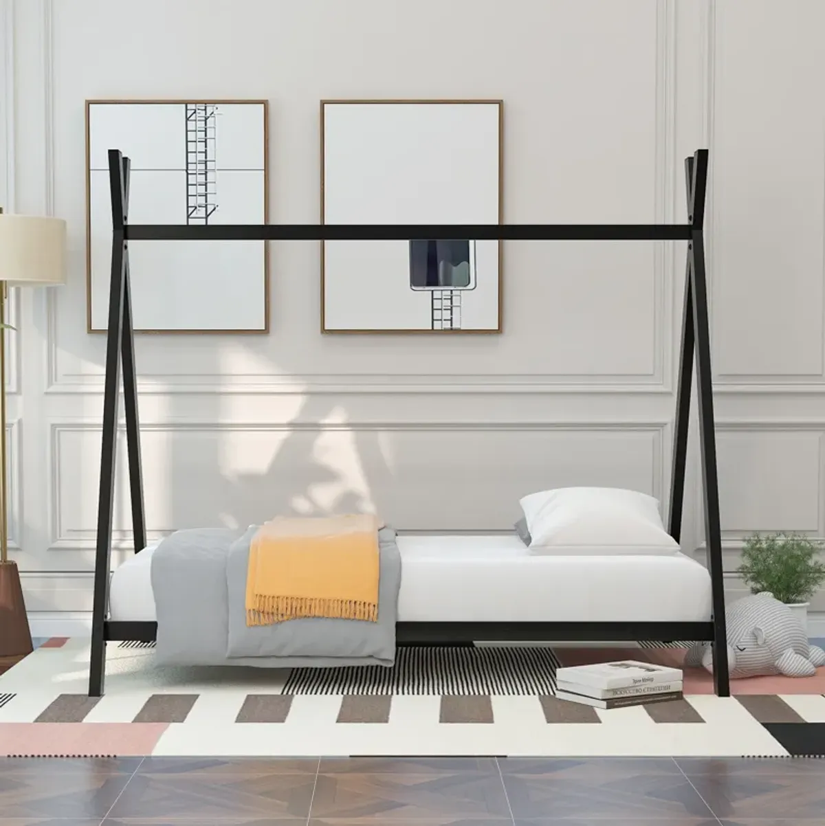 Wooden House Bed Frame with Canopy Tent for Kids & Toddlers Stylish Montessori Floor Bed