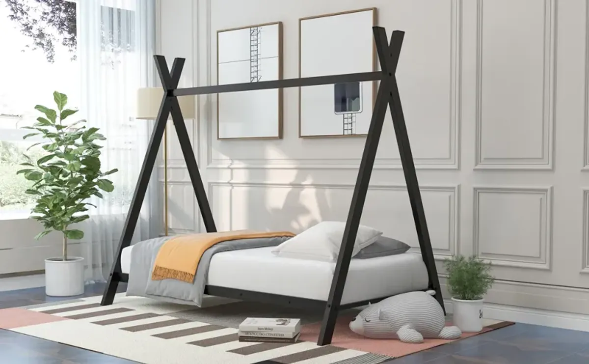 Wooden House Bed Frame with Canopy Tent for Kids & Toddlers Stylish Montessori Floor Bed