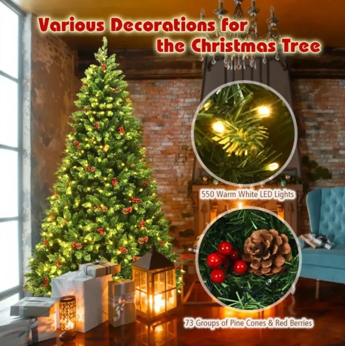 Hivvago 7.5 Feet Pre-lit Hinged Christmas Tree with 550 LED Lights and Sturdy Metal Stand