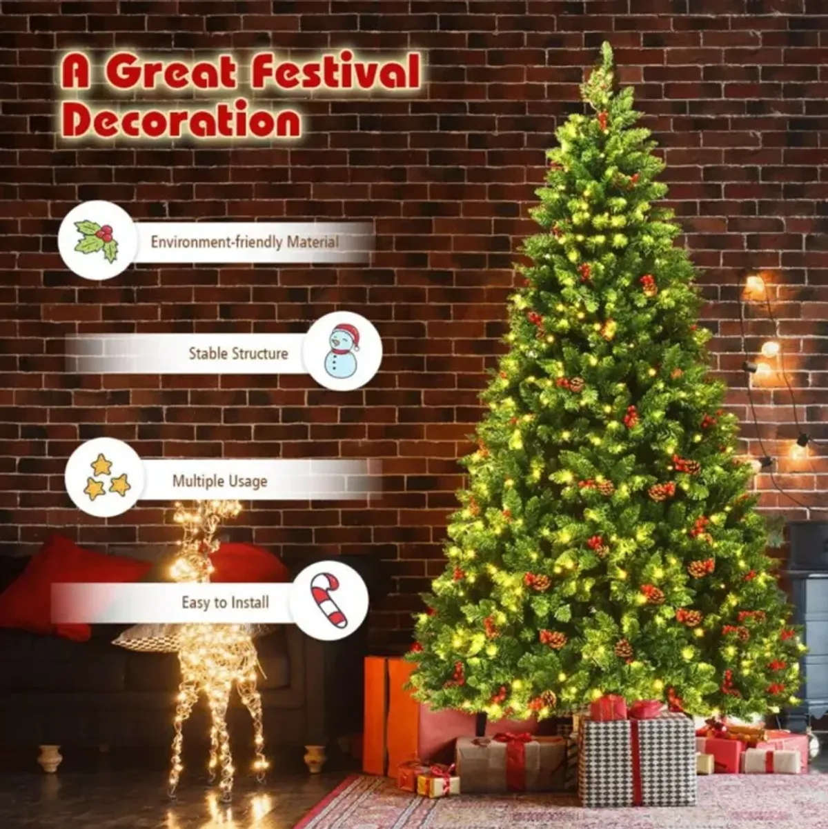 Hivvago 7.5 Feet Pre-lit Hinged Christmas Tree with 550 LED Lights and Sturdy Metal Stand