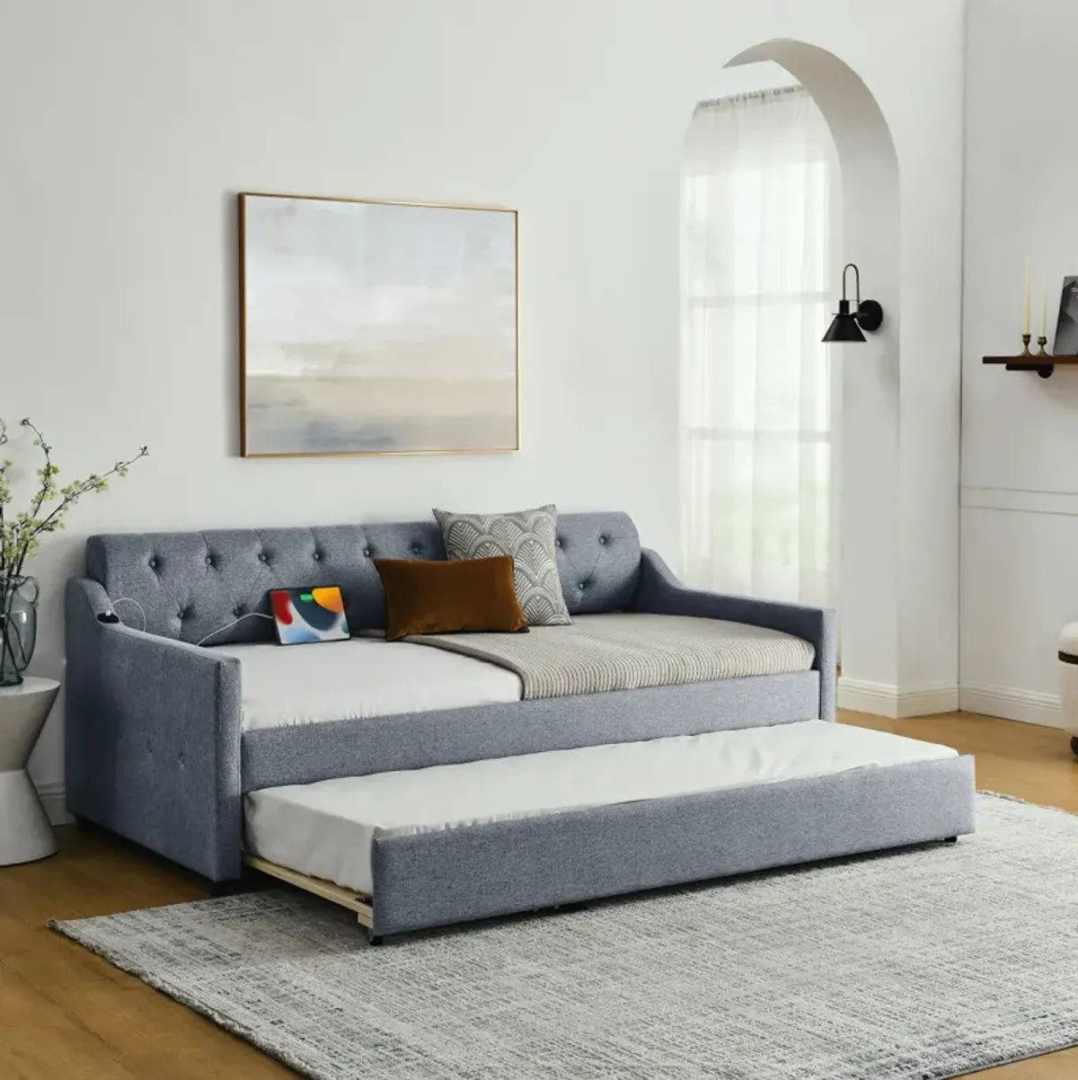 Twin Size Upholstery Day Bed With Twin Size Erectable Trundle And USB Charging Design, Linen Grey