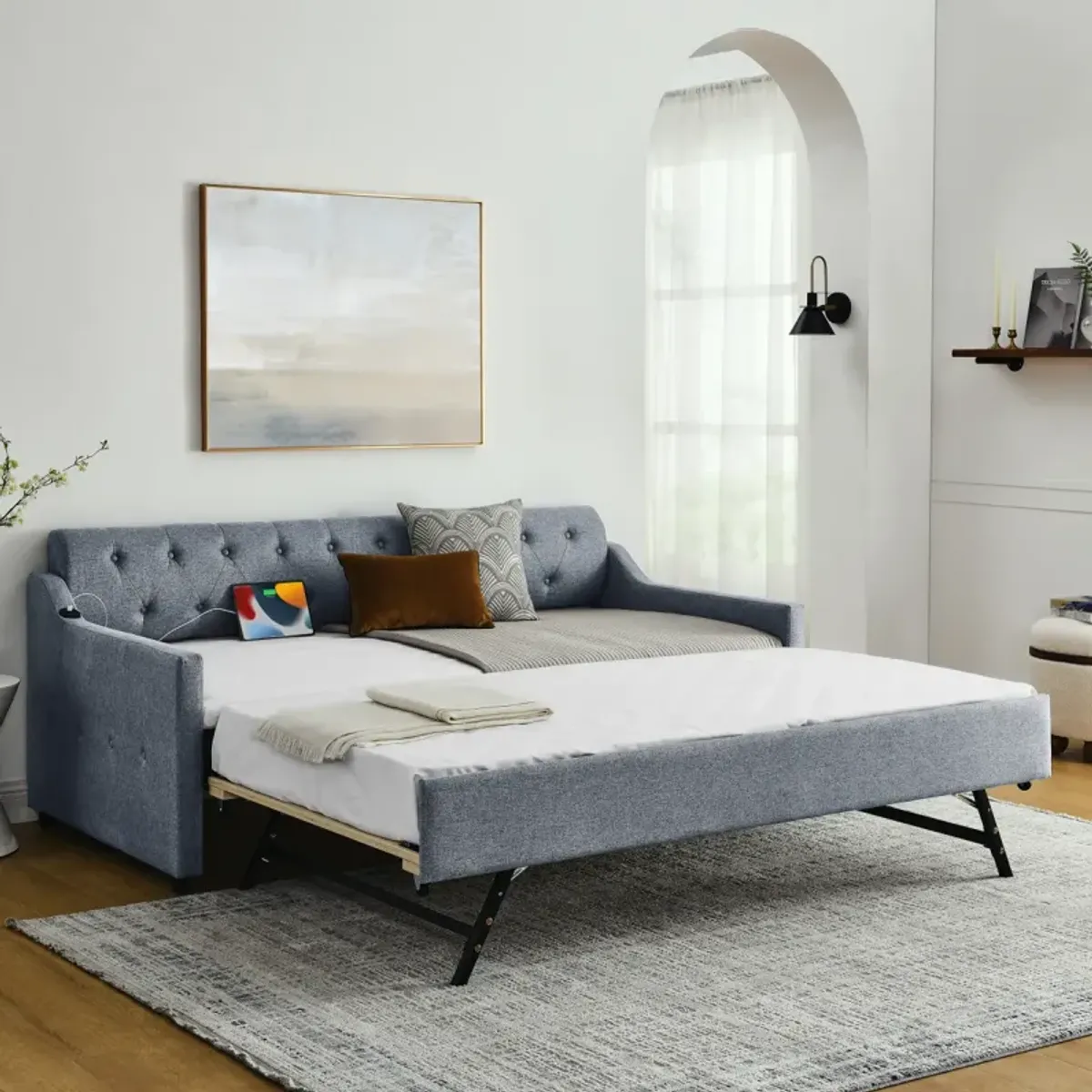 Twin Size Upholstery Day Bed With Twin Size Erectable Trundle And USB Charging Design, Linen Grey