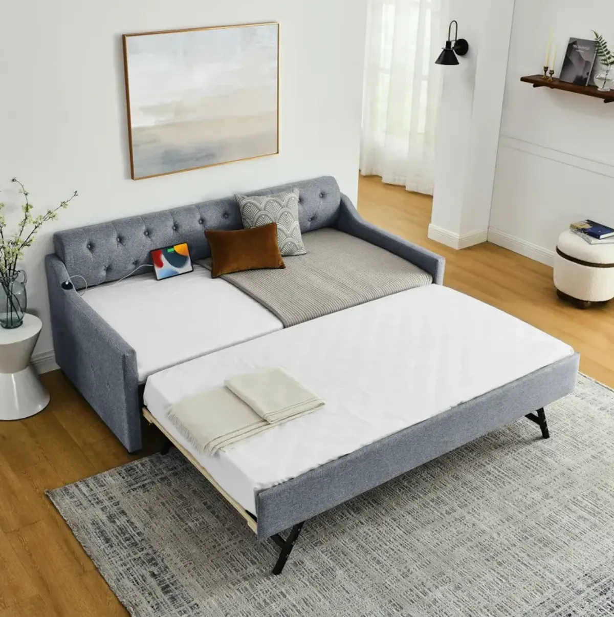 Twin Size Upholstery Day Bed With Twin Size Erectable Trundle And USB Charging Design, Linen Grey