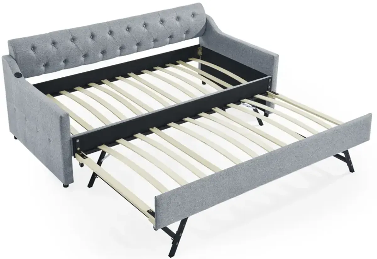 Twin Size Upholstery Day Bed With Twin Size Erectable Trundle And USB Charging Design, Linen Grey