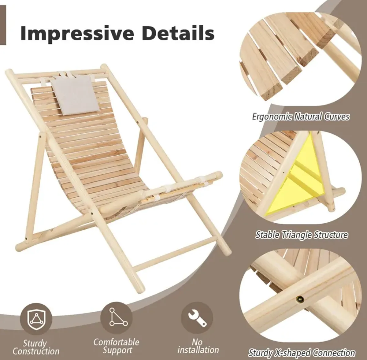 Solid Fir Wood Lounge Chair with 3-Level Adjustable Backrest and Soft Padded Headrest-Natural