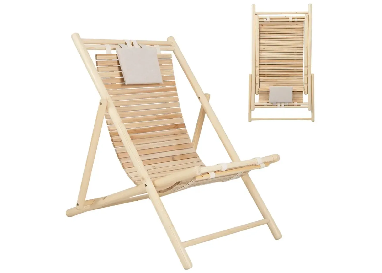 Solid Fir Wood Lounge Chair with 3-Level Adjustable Backrest and Soft Padded Headrest-Natural