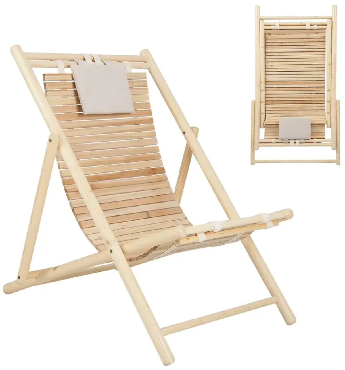 Solid Fir Wood Lounge Chair with 3-Level Adjustable Backrest and Soft Padded Headrest-Natural