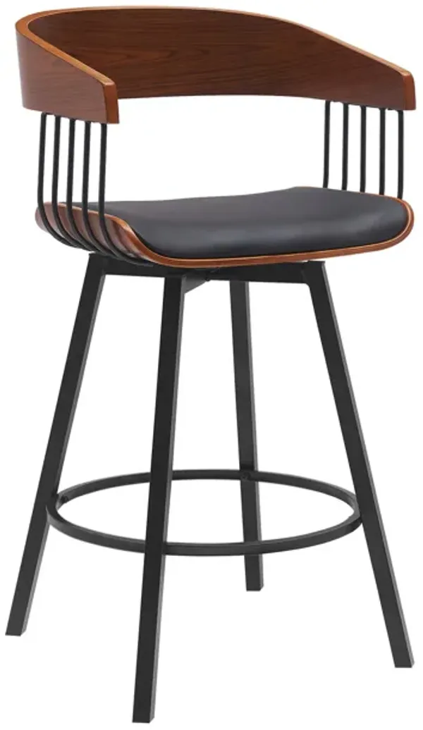 Vera 27 Inch Swivel Counter Stool Chair, Brown Open Back Black Faux Leather - Benzara