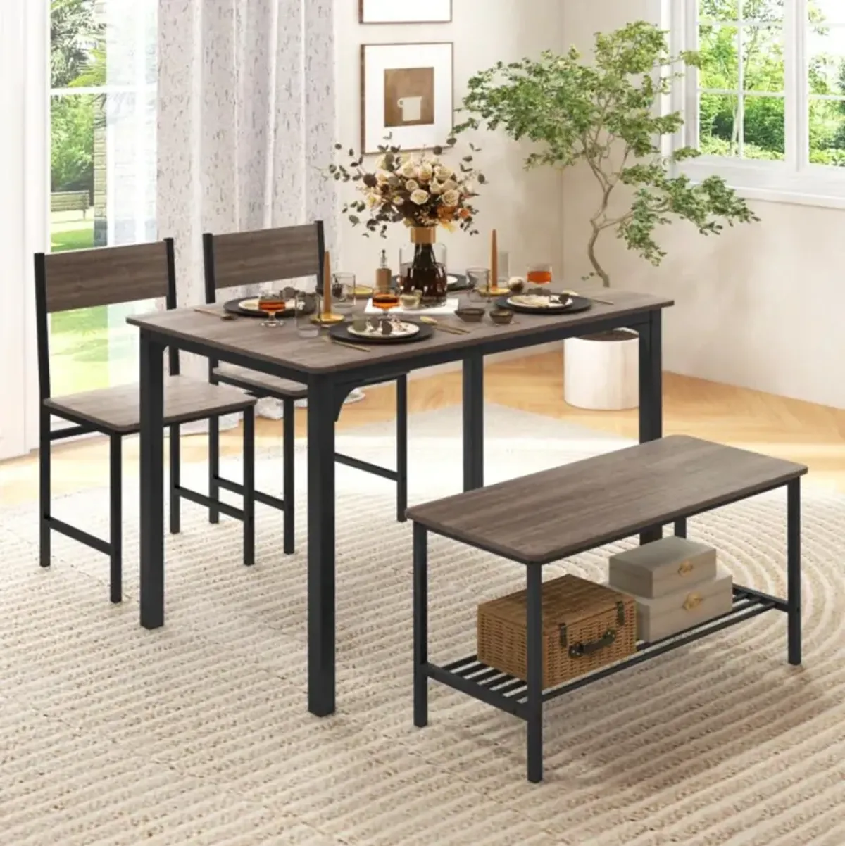 Hivvago 4 Pieces Rustic Dining Table Set with 2 Chairs and Bench