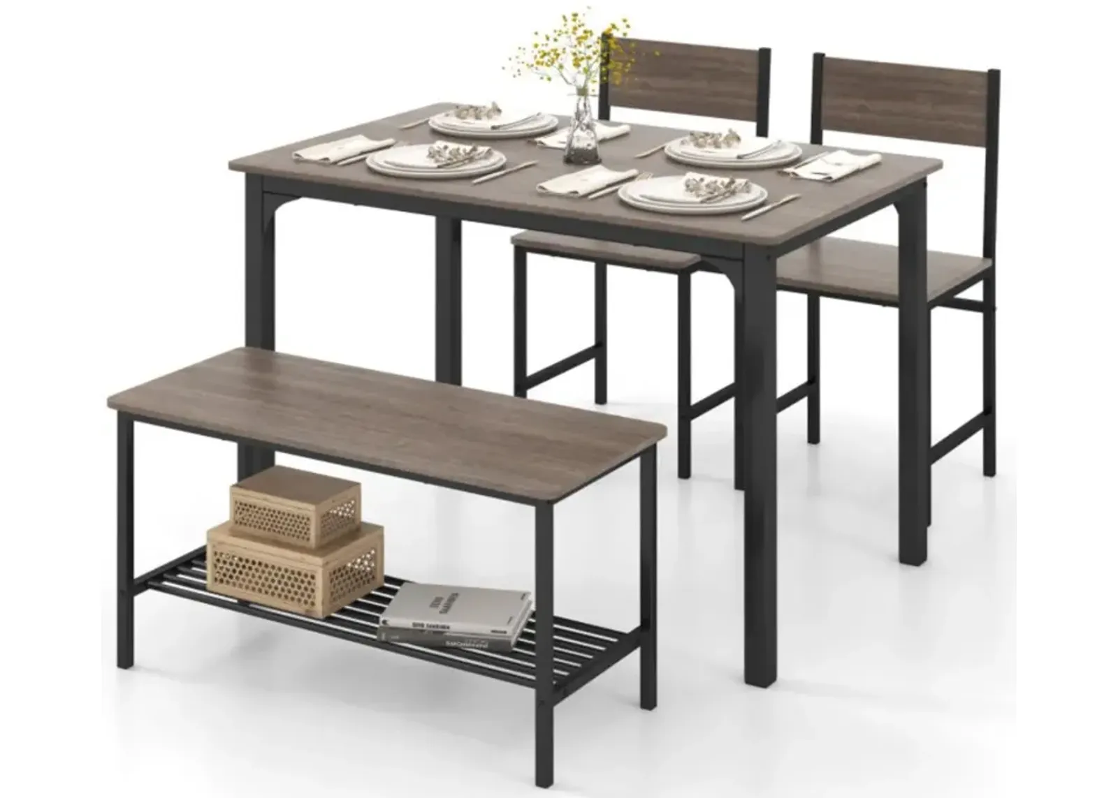 Hivvago 4 Pieces Rustic Dining Table Set with 2 Chairs and Bench