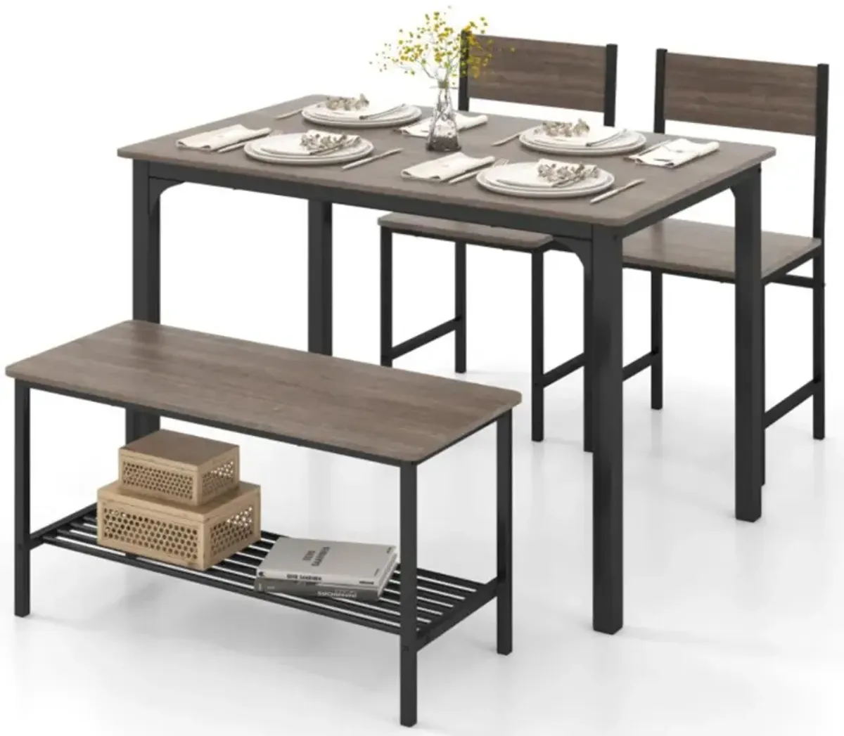 Hivvago 4 Pieces Rustic Dining Table Set with 2 Chairs and Bench