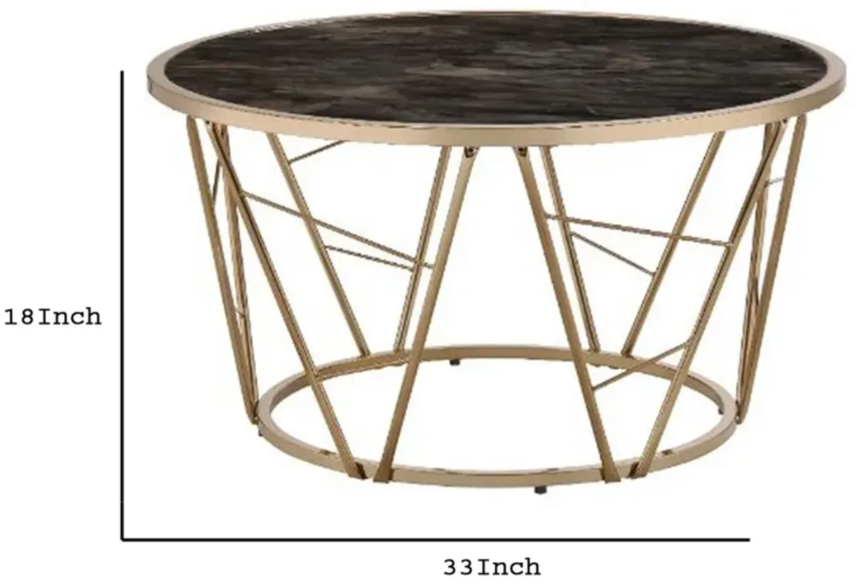 Coffee Table with Glass Top and Geometric Frame, Black and Gold-Benzara