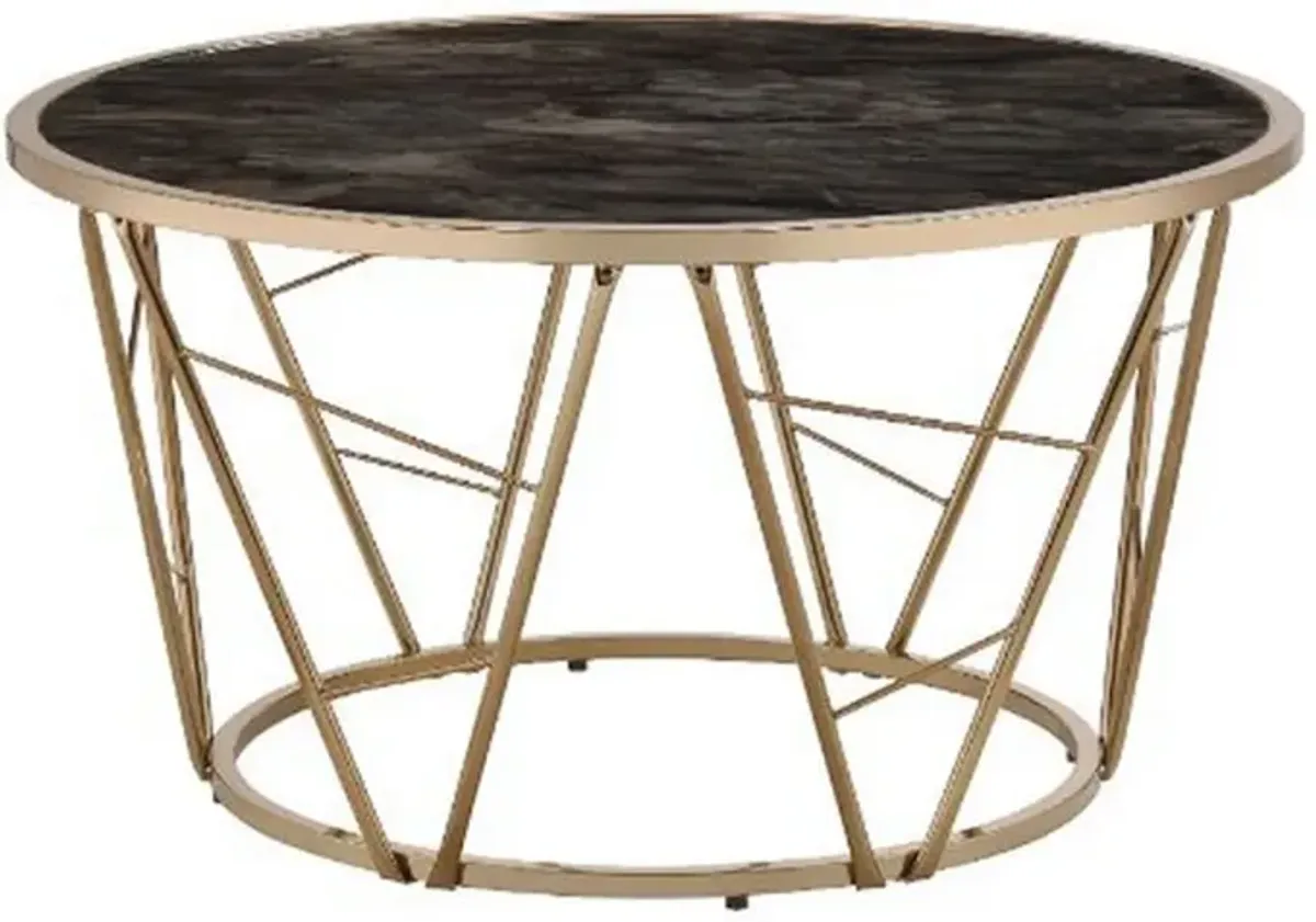 Coffee Table with Glass Top and Geometric Frame, Black and Gold-Benzara