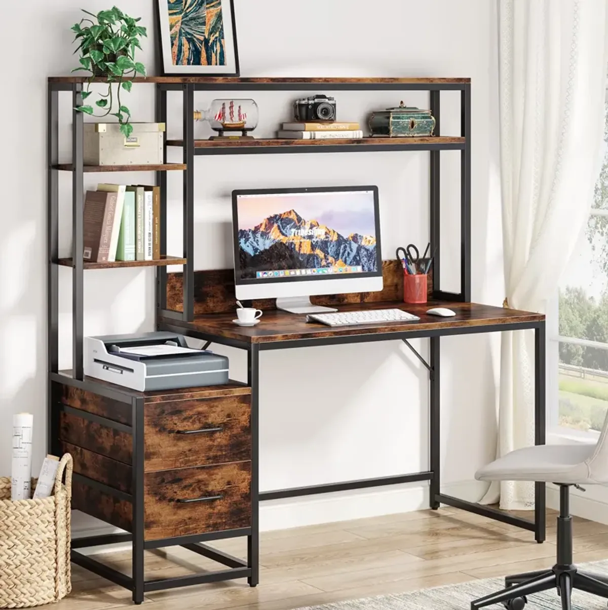 Tribesigns 55 Inch Computer Desk with 2 Drawers and Storage Shelves, Rustic Office Desk with Hutch, Study Writing Gaming Table L