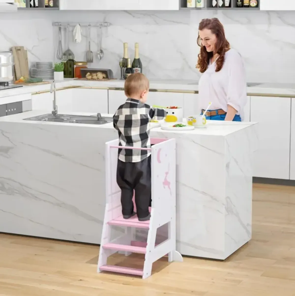 Hivvago Toddler Kitchen Stool Helper Baby Standing Tower with Chalkboard and Whiteboard