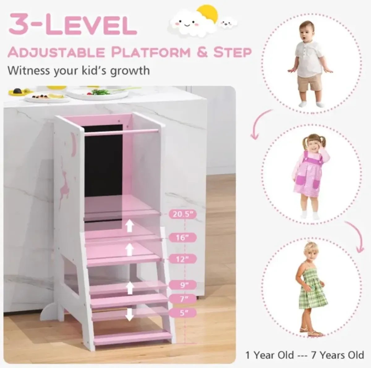 Hivvago Toddler Kitchen Stool Helper Baby Standing Tower with Chalkboard and Whiteboard