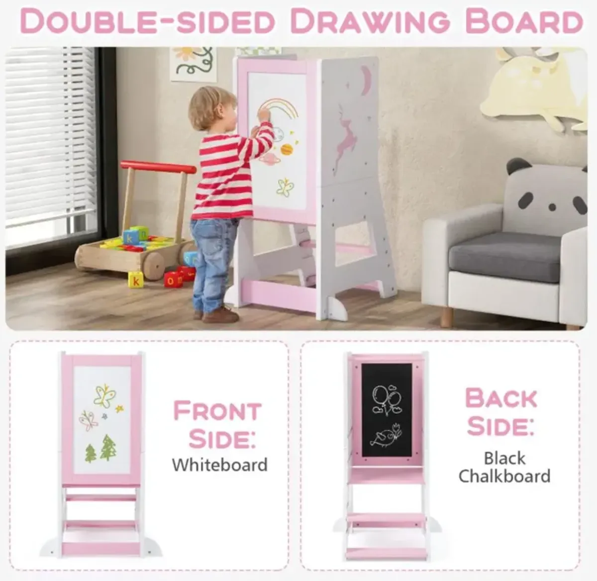 Hivvago Toddler Kitchen Stool Helper Baby Standing Tower with Chalkboard and Whiteboard