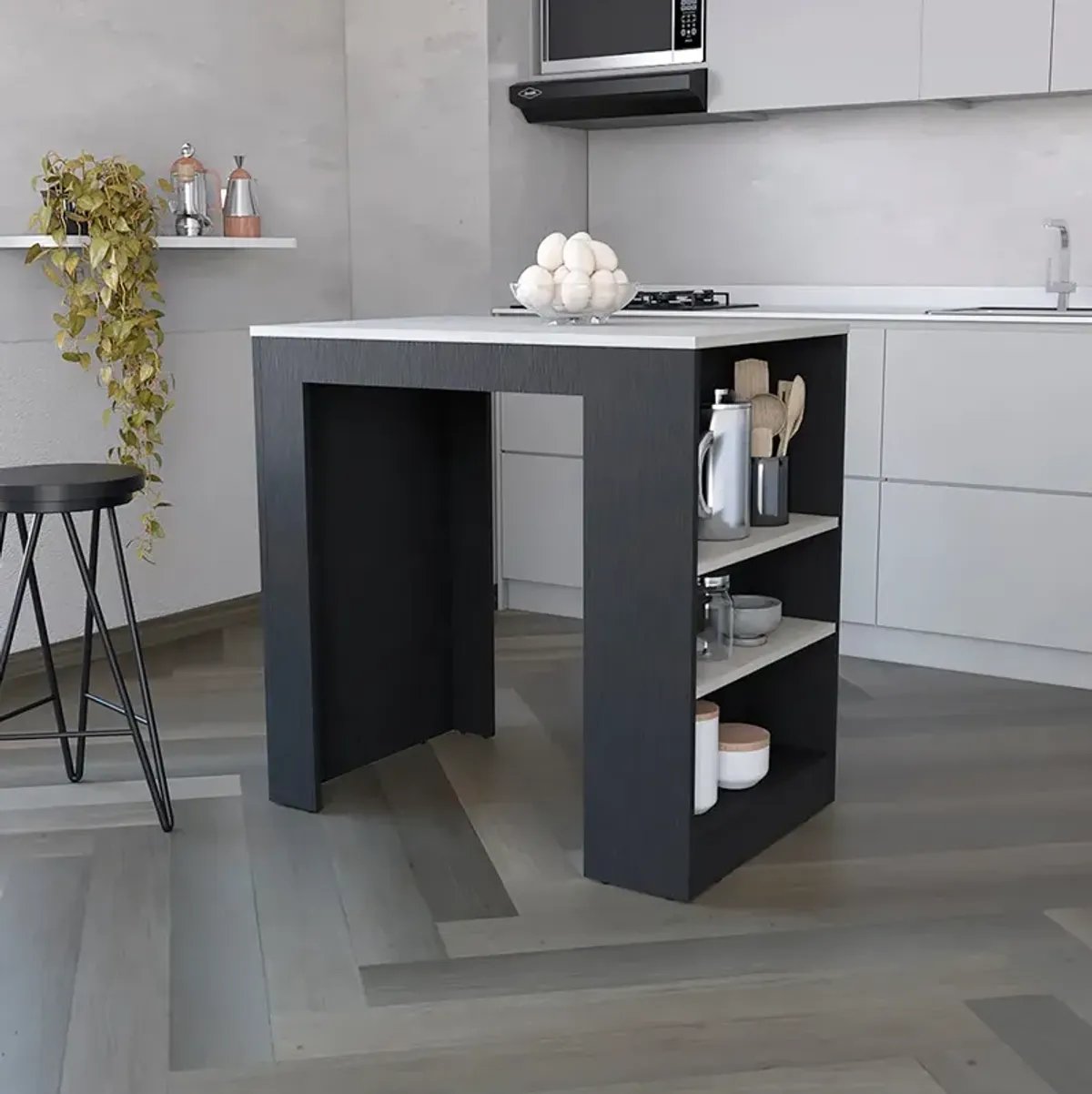 Kitchen Island Doyle, Kitchen, Black / Ibiza Marble Color Finish